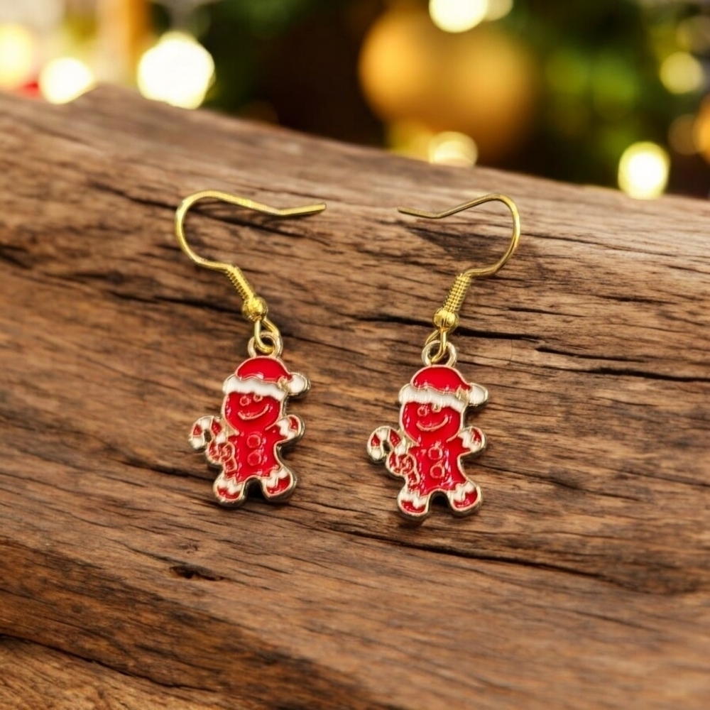 Gingerbread Man Candy Cane Holiday Festive Dangle Earrings